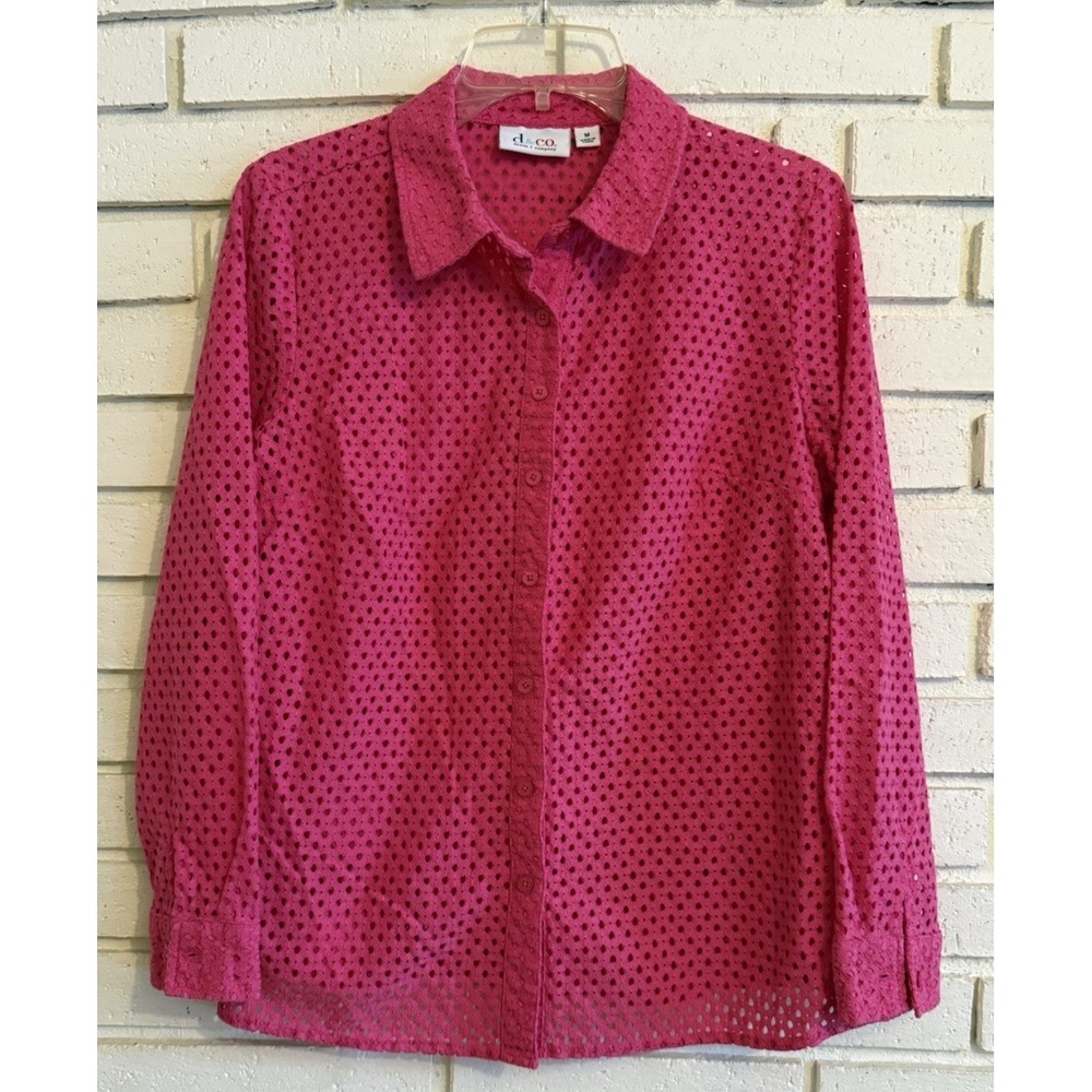 Denim & Co. Pink Eyelet Button-Up Shirt Sz Medium Long Sleeves Summer Top